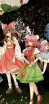  5girls absurdres apple ascot bandaged_arm bandages bare_shoulders blue_dress blue_hair bow brown_hair bun_cover chained_wrists commentary_request detached_sleeves double_bun dress fine_art_parody flower food forbidden_scrollery foul_detective_satori frilled_ascot frilled_bow frilled_hair_tubes frilled_skirt frills fruit gohei green_eyes green_skirt hair_bow hair_bun hair_tubes hakurei_reimu high_heels highres holding holding_gohei ibaraki_kasen loafers long_hair looking_at_viewer midriff mika_(alquermes) mixed-language_commentary miyadeguchi_mizuchi motoori_kosuzu multiple_girls nontraditional_miko okunoda_miyoi parody pink_eyes pink_hair print_tank_top puffy_short_sleeves puffy_sleeves red_bow red_shirt red_shoes red_skirt red_tabard ribbon-trimmed_sleeves ribbon_trim shirt shoes short_hair short_sleeves skirt sleeveless sleeveless_shirt socks tabard tank_top thumbnail_collage touhou tree whale_hat white_socks wide_sleeves yellow_ascot 