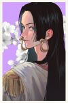  1girl black_hair blue_eyes boa_hancock cape commentary_request epaulettes eyelashes flower highres long_hair looking_back one_piece parted_lips pink_lips purple_background sidelocks solo tyo1ng_ye white_cape 