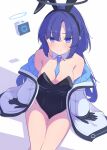  1girl absurdres animal_ear_hairband animal_ears aot. armpit_crease arms_at_sides bare_legs bare_shoulders between_breasts black_gloves black_halo black_leotard blue_archive blue_necktie blush breasts cleavage clothes_between_breasts collar collarbone commentary_request covered_navel detached_collar drone facing_viewer fake_animal_ears gloves hair_between_eyes hairband halo highres jacket jacket_partially_removed leotard long_hair looking_at_viewer low_neckline mechanical_halo medium_breasts necktie necktie_between_breasts playboy_bunny purple_eyes rabbit_ear_hairband rabbit_ears red_pupils simple_background sitting smile solo strapless strapless_leotard sweatdrop white_collar white_jacket yuuka_(blue_archive) 