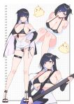  1girl absurdres azur_lane bairimeng bikini black_bikini black_hair black_sandals breasts cleavage colored_inner_hair commentary commission full_body hand_on_own_hip highres holding holding_instrument instrument large_breasts long_hair manjuu_(azur_lane) multicolored_hair multiple_views official_alternate_costume pixiv_commission red_eyes sandals see-through_clothes side-tie_bikini_bottom swimsuit thigh_strap two-tone_hair west_virginia_(azur_lane) west_virginia_(scenic_rhapsody)_(azur_lane) 