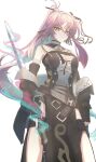  1girl absurdres aqua_hair arknights bare_shoulders black_dress black_eyes black_gloves black_jacket breasts bright_pupils closed_mouth colored_inner_hair commentary_request cowboy_shot delivering_blade_(arknights) dress fingerless_gloves gloves hair_between_eyes highres holding holding_sword holding_weapon jacket long_hair looking_at_viewer magic medium_breasts multicolored_hair off_shoulder pink_hair rope sleeveless sleeveless_dress solo split_mouth standing sword tesuryu very_long_hair weapon white_pupils zipper zipper_pull_tab 