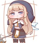  1girl axe battle_axe black_pantyhose blonde_hair blue_eyes blue_skirt capelet chibi commentary_request feet_out_of_frame full_body highres holding holding_axe long_hair long_sleeves looking_at_viewer nenne_kitsune ner_(trickcal) nun nun_headdress pantyhose simple_background skirt smile solo trickcal weapon white_capelet wings 
