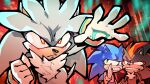  3boys animal_ears black_fur blue_fur clenched_hand clenched_teeth dav_(krooked_glasses) gloves green_eyes highres male_focus multiple_boys red_eyes salute shadow_the_hedgehog silver_the_hedgehog sonic_(series) sonic_the_hedgehog straight-arm_salute teeth white_fur white_gloves 
