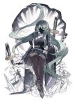  1girl absurdres artist_name black_flower black_kimono black_skin breasts colored_eyelashes colored_skin commentary dated flower full_body green_eyes green_hair high_heels highres japanese_clothes katana kimono kuroyurihime_(munji412) large_breasts lily_(flower) long_hair long_sleeves munji412 no_mouth no_nose one-eyed original pantyhose sheath sheathed short_kimono simple_background sitting solo sword twitter_username untranslatable_commentary very_long_hair weapon white_background white_eyelashes white_flower 