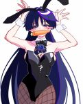  1boy 1girl absurdres alternate_hair_length_(longer) animal_ear_hairband animal_ears arms_up black_leotard blue_pupils blunt_ends blush_stickers breasts carrot cleavage collarbone commentary_request covered_navel cowboy_shot dual_persona eyelashes fake_animal_ears fishnet_pantyhose fishnets genderswap genderswap_(mtf) genshin_impact hair_intakes hairband highleg highleg_leotard highres leotard long_hair looking_at_viewer looking_to_the_side medium_breasts mini_person miniboy open_hands pantyhose person_between_breasts playboy_bunny purple_eyes purple_hair rabbit_ears rabbit_pose scaramouche_(genshin_impact) sideboob strapless strapless_leotard tacos8888888 tsurime very_long_hair white_wrist_cuffs wide_hips wispy_bangs wrist_cuffs 
