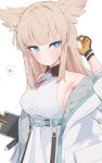  1girl absurdres arknights arknights:_endfield arm_up bare_shoulders black_gloves blonde_hair blue_eyes blush breasts collared_shirt commentary_request contrast_collar gloves heart high-waist_skirt highres holding jacket long_hair medium_breasts off_shoulder perlica_(arknights) shirt sideboob simple_background skirt sleeveless sleeveless_shirt solo spoken_heart white_background white_jacket white_shirt white_skirt yellow_gloves yellow_pupils yuuko_(oruta) 