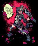  1girl absurdres animal_ears black_jacket black_shoes black_thighhighs blue_eyes cat_ears cat_girl cat_tail cropped_jacket dav_(krooked_glasses) flower glasses highres holding holding_weapon jacket looking_at_viewer multicolored_thighhighs open_clothes open_jacket open_mouth original red_flower shoes solo striped_clothes striped_thighhighs tail thighhighs two-tone_thighhighs weapon white_thighhighs 