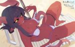  1girl barefoot beach black_sclera breasts chair cleavage colored_sclera colored_skin commentary_request commission extra_mouth eyebrows_hidden_by_hair fanning_self highres large_breasts long_hair looking_at_viewer lounge_chair lower_teeth_only matsumoto_tomoyohi misplaced_mouth monster_girl open_mouth original purple_hair red_skin sitting solo steaming_body sweat teeth toes tongue tongue_out yellow_eyes 