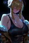 1girl absurdres ahoge artoria_pendragon_(fate) artoria_pendragon_(lancer)_(fate) bare_shoulders blonde_hair blush braid breasts cleavage commentary fate/grand_order fate_(series) green_eyes hair_between_eyes highres igiroitsu large_breasts long_hair long_sleeves off_shoulder sidelocks smile solo 
