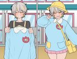  absurdres apron bag before_and_after black_shirt blonde_hair blonde_streaks blue_shirt blush collarbone commentary dark-skinned_female dark_skin golbang hair_between_eyes hat highres holding holding_unworn_clothes indie_virtual_youtuber kindergarten kindergarten_bag kindergarten_teacher kindergarten_uniform multicolored_hair muted_colors name_tag park_dona pink_hair school_hat shirt smile smock streaked_hair teacher tulip_hat v v_over_eye virtual_youtuber white_hair wispy_bangs yellow_apron yellow_bag yellow_eyes yellow_hat 