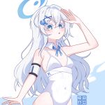  1girl 2_pycat armband artist_logo blue_archive blue_eyes blue_halo blue_ribbon breasts colored_eyelashes commentary_request detached_collar hair_ornament halo highleg highleg_one-piece_swimsuit highres korean_commentary logo long_hair long_single_sidelock looking_at_viewer one-piece_swimsuit orca_hair_ornament ribbon salute sayuri_(blue_archive) small_breasts solo swimsuit white_background white_eyelashes white_hair white_one-piece_swimsuit x_hair_ornament 