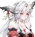  1girl animal_ear_fluff animal_ears bare_shoulders black_dress blush breasts chest_tattoo cleavage commentary_request dress forehead_tattoo fox_ears fox_girl frown hair_ornament highres hsin_(wuthering_waves) ite_ti large_breasts long_hair looking_at_viewer orange_eyes simple_background solo tattoo upper_body white_background white_hair wuthering_waves 
