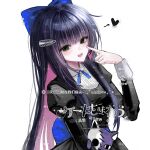  1girl :d akanbe back_bow black_dress black_hair blue_bow blue_ribbon bow collared_shirt colored_inner_hair commission dress eyelid_pull gothic_lolita green_eyes hair_bow hair_intakes hand_up heart highres holding holding_stuffed_toy honekoneko_(psg) juliet_sleeves light_blush lolita_fashion long_hair long_sidelocks long_sleeves looking_at_viewer mihuashi_commission multicolored_hair neck_ribbon open_mouth panty_&amp;_stocking_with_garterbelt pink_bow puffy_sleeves ribbed_shirt ribbon round_collar shirt sidelocks simple_background smile solo spoken_heart stocking_(psg) straight_hair stuffed_animal stuffed_cat stuffed_toy tongue tongue_out too_many_watermarks upper_body very_long_hair watermark white_background white_shirt xiao_sui_tingyu 