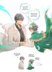  2boys absurdres black_hair braid ceri_obt chibi coat english_text feathers genshin_impact green_hair hat highres holding_hands kim_dokja male_focus multiple_boys omniscient_reader's_viewpoint short_hair smile speech_bubble talking upper_body venti_(genshin_impact) white_background 