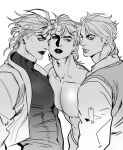  1boy birthmark closed_mouth collared_shirt dio_brando ear_birthmark earrings greyscale highres jacket jewelry joestar_birthmark jojo_no_kimyou_na_bouken lipstick looking_at_viewer looking_to_the_side makeup male_focus monochrome multiple_persona muscular muscular_male parted_lips pectorals phantom_blood shirt short_hair simple_background stardust_crusaders tinh_daubuoi topless_male turtleneck upper_body white_background 