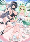  2girls absurdres ahoge bikini black_bikini black_hair blush breasts cleavage covered_navel dragon_girl dragon_horns dragon_tail eyewear_on_head fingernails frilled_bikini frilled_thigh_strap frills green_eyes green_horns green_nails gurami_(zangizarang) hair_between_eyes hand_up heart heart-shaped_eyewear highres horns huge_breasts jewelry legs long_fingernails long_hair looking_at_viewer multiple_girls nail_polish necklace open_mouth original pool red_eyes red_scrunchie sandals scrunchie single_bare_foot single_sandal sitting smile soles sweat swimsuit tail teeth thigh_strap toenail_polish toenails toes unworn_sandals v white_sandals wrist_scrunchie 
