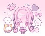  >_< 1girl =_= animal antenna_hair artist_name belt black_belt black_bow black_ribbon bow bowtie bra_strap brown_eyes cat chibi chinese_commentary cloak closed_mouth clothed_animal commentary_request ear_covers food frilled_sleeves frills gradient_background hair_bow hair_intakes hair_ribbon happy heart high-waist_skirt hood hood_up hooded_cloak infinity_nikki kneehighs layered_skirt light_blush long_hair long_sleeves looking_at_viewer low_twintails medium_skirt mole mole_above_mouth momo_(nikki) nikki_(nikki) nikki_(series) outline paw_print perfect_start_(infinity_nikki) pink_background pink_hair pink_shoes pink_skirt pink_theme pleated_skirt puffy_long_sleeves puffy_sleeves red_bow red_bowtie ribbon shirt shoes skirt sleeves_past_wrists smile socks speech_bubble spiral spoken_expression standing tress_ribbon twintails two-tone_background v-shaped_eyebrows very_long_hair wavy_hair white_background white_cat white_outline white_shirt white_skirt white_socks yellow_cloak yuandyu26316 