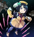  1girl adapted_costume arm_warmers beret black_hair blue_eyes blush bob_cut boots breasts cable commentary_request corset cosplay dress energy_gun energy_sword fingerless_gloves gelgoog_(gquuuuuux) gloves gundam gundam_gquuuuuux hat highres looking_at_viewer magical_girl mahou_shoujo_madoka_magica mahou_shoujo_madoka_magica_(anime) mature_female mecha_pilot_suit medium_breasts normal_suit_(gundam) ochishima retrofuturism shiiko_sugai short_hair short_sleeves smile solo space sword thighhighs tomoe_mami tomoe_mami_(cosplay) tomoe_mami_(magical_girl) weapon yellow_dress yellow_hat zero_gravity 