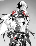  1boy absurdres belt boothill_(honkai:_star_rail) closed_mouth collared_jacket commentary cropped_jacket cyborg ear_piercing earrings floating_hair frown gloves hair_over_one_eye hand_on_own_hip highres honkai:_star_rail honkai_(series) jacket jewelry long_hair looking_at_viewer male_focus midriff mole mole_under_eye multicolored_hair one_eye_covered pants piercing sheriff_badge sillyguy1234567 sketch sleeve_cuffs solo standing very_long_hair 