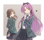  2girls aramis_high_school_uniform arms_behind_back black_ribbon black_skirt blue_necktie breasts brown_hair closed_mouth commentary cowboy_shot curtained_hair diagonal-striped_background eiyuu_densetsu finger_to_mouth green_jacket grey_background hair_ribbon hand_on_own_arm index_finger_raised jacket kuro_no_kiseki_(series) kuro_no_kiseki_i long_hair long_sleeves looking_at_viewer looking_back low_twintails medium_hair miniskirt multiple_girls necktie odette_(eiyuu_densetsu) open_clothes open_jacket parted_bangs plaid_clothes plaid_necktie plaid_skirt pleated_skirt purple_hair red_eyes renne_(eiyuu_densetsu) ribbon school_uniform scrunchie shirt_tucked_in sidelocks simple_background skirt small_breasts smile standing striped_background tie_clip troz88860 twintails twitter_username white_scrunchie yellow_eyes 