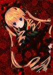  1girl absurdres artist_name blonde_hair blue_eyes bonnet bow bowtie capelet closed_mouth copyright_name dress drill_hair drill_sidelocks expressionless flower green_bow green_bowtie highres lolita_fashion long_hair long_sidelocks long_sleeves looking_at_viewer lying official_art on_back peach-pit petals red_bonnet red_capelet red_dress red_flower red_petals red_rose red_theme rose rozen_maiden shinku sidelocks solo third-party_source too_many_flowers twintails very_long_hair 