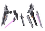  absurdres beam_cannon beam_gun commentary commission directed-energy_weapon energy_blade energy_cannon energy_sword gundam gundam_seed_c.e._73:_stargazer highres ibuki_sakura_(sgw_v07) mechanical_wings no_humans railgun science_fiction simple_background skeb_commission strike_noir sword weapon white_background wings 