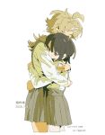  2girls ahoge bare_legs black_hair blonde_hair blush chinese_text closed_eyes collared_shirt couple covered_mouth cropped_legs crossed_bangs dated double-parted_bangs dress_shirt english_text eyelashes from_side grey_skirt hair_between_eyes hair_ornament hairclip half-closed_eyes highres hug jellyfish_cut long_hair long_sleeves looking_to_the_side loose_hair_strand minamip multiple_girls multiple_hairclips orange_trim original parallel_hairclips pleated_skirt profile purple_trim red_eyes school_uniform sepia shirt short_hair simple_background skirt sleeve_cuffs standing suspender_skirt suspenders thick_eyebrows turning_head white_background white_shirt yuri 