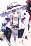  2girls :t bare_shoulders bikini bone_hiko bow collarbone colored_tips cowboy_shot frilled_bikini frills hair_bow hat hat_bow heterochromia jogasaki_noah long_hair looking_at_viewer mahou_shoujo_no_majo_saiban multi-tied_hair multicolored_hair multiple_girls navel polka_dot polka_dot_bow pout red_eyes ribbon ruffle_bikini simple_background squiggle stomach streaked_hair sun_hat swimsuit white_background white_bikini white_hair white_hat yellow_eyes 