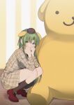  1girl absurdres animal_ear_hairband animal_ears beret brown_hat brown_shirt brown_skirt brown_socks commentary dog_ear_hairband dog_ears elbows_on_knees fake_animal_ears full_body green_eyes green_hair hairband hat highres higurashi_no_naku_koro_ni long_hair looking_at_viewer momoka_(abc_momoka0718) plaid_clothes plaid_ribbon plaid_shirt plaid_skirt pompompurin red_shoes ribbon sanrio shirt shoes skirt socks solo sonozaki_shion squatting stuffed_animal stuffed_toy thighs 