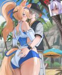  !? 1boy 2girls @_@ animal_ears ass beach beach_umbrella blonde_hair blue_eyes blue_one-piece_swimsuit blue_sky blush bow bucket_hat commentary english_commentary goggles goggles_on_head grabbing_another's_ass grey_hair grey_shorts groping hair_bow hair_over_one_eye hat high_ponytail highres horse_ears horse_girl horse_tail long_hair mole mole_under_eye multiple_girls official_alternate_costume one-piece_swimsuit outdoors palm_tree parted_lips pointy_ears ponytail purple_bow purple_hair red_eyes sand short_hair shorts sigrid_de_l'azur sigrid_de_l'azur_(majestic_wavechaser) sky sorrow924 sweat swimsuit tail tree two-tone_one-piece_swimsuit umbrella vivian_banshee vivian_banshee_(iris_of_the_shore) watch white_one-piece_swimsuit wise_(peaceful_waves)_(zenless_zone_zero) wise_(zenless_zone_zero) wristwatch zenless_zone_zero 