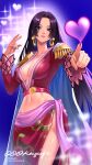  000kayeife 1girl absurdres black_hair blue_eyes boa_hancock breasts cape cleavage commentary crop_top earrings english_commentary epaulettes heart highres jewelry kuja_pirates_jolly_roger long_hair looking_at_viewer midriff navel one_piece red_skirt sash side_slit sidelocks skirt snake_earrings solo white_cape 