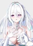  1boy 1girl absurdres aqua_pupils aqua_streaks azur_lane breasts bridal_veil bride commander_(azur_lane) dress elbow_gloves gloves grey_background hetero highres kearsarge_(azur_lane) kearsarge_(code:_oath)_(azur_lane) large_breasts looking_at_viewer multicolored_hair offering_hand official_alternate_costume official_alternate_hairstyle open_mouth pov pov_hands purple_eyes see-through_clothes see-through_veil simple_background streaked_hair upper_body veil wedding_dress white_gloves white_tiara white_veil xstetra 