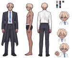  absurdres black_coat black_pants black_shoes blonde_hair blue_eyes blue_necktie boxer_briefs chibi chibi_inset coat color_guide dark-skinned_male dark_skin full_body highres male_underwear multiple_expressions multiple_views necktie original pants pointing reference_sheet shirt shoes suit suit_pants turnaround underwear white_background white_shirt wuni_(dkadireks_6974) 