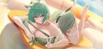  1girl absurdres admiral_nakhimov_(azur_lane) animal_ears azur_lane bare_shoulders barefoot breasts cat_ears cat_girl cat_tail cleavage closed_mouth commentary_request dress frilled_thigh_strap green_dress green_hair highres large_breasts lying mouth_hold on_stomach short_hair smile solo suo_bu_ye_feng tail thigh_strap v yellow_eyes 