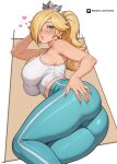  1girl absurdres aqua_pants ass bare_arms blonde_hair blue_eyes blush breasts cameltoe commentary crop_top earrings english_commentary hair_flaps hair_over_one_eye hand_on_own_hip head_rest highres jewelry large_breasts long_hair looking_at_viewer lying mario_(series) on_side paid_reward_available pants parted_lips ponytail reus_(cetta) rosalina solo star_(symbol) star_earrings tank_top white_tank_top yoga_pants 