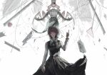  2girls absurdres apple apron belt black_hair blood blood_drip blood_from_eyes building buttons chainsaw_man chef_hat closed_eyes closed_mouth commentary_request death_devil_(chainsaw_man) destruction disembodied_head dress ear_piercing earrings elbow_gloves extra_arms falling_devil_(chainsaw_man) fami_(chainsaw_man) flat_top_chef_hat floating food fourth_east_high_school_uniform fruit gloves glowing glowing_eyes hat highres holding holding_detached_head impasto index_finger_raised jewelry long_shirt long_sleeves mole mole_under_eye mole_under_mouth multiple_girls neck_ribbon outstretched_arms painterly piercing pinafore_dress pink_hair pleated_skirt red_eyes ribbon road_sign school_uniform shirt sign skirt sleeveless sleeveless_dress spread_arms suspender_skirt suspenders tassel tassel_earrings white_shirt you_yo 
