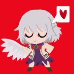  1girl bow bowtie chibi chibi_only closed_eyes closed_mouth commentary_request dress facing_viewer feathered_wings full_body grey_hair grey_wings heart helltaker jacket kishin_sagume open_clothes open_jacket purple_dress red_background red_bow red_bowtie saekigonzou simple_background single_wing smile solo spoken_heart touhou wings yellow_jacket 