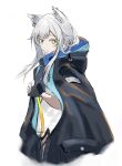  1girl animal_ears arknights black_coat black_gloves closed_mouth coat commentary dress fingerless_gloves gloves green_eyes grey_hair highres hood hood_down hooded_coat long_hair looking_at_viewer rosmontis_(arknights) simple_background sketch solo split_mouth stavia014 white_background white_dress 
