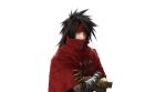  1boy 3d black_hair black_shirt clawed_gauntlets cloak covered_mouth crossed_arms final_fantasy final_fantasy_vii final_fantasy_vii_remake final_fantasy_vii_revelation headband highres looking_to_the_side male_focus official_art portrait red_cloak red_eyes red_headband sharp_teeth shirt solo teeth transparent_background upper_body vincent_valentine white_background 