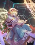  1girl absurdres alice_margatroid black_pantyhose blonde_hair blue_dress blurry blurry_foreground blush boots breasts brown_boots capelet closed_eyes commentary_request cross dress frilled_capelet frilled_hairband frills full_body hairband highres long_sleeves medium_breasts orz_torifune pantyhose parted_lips red_hairband red_sash sash solo touhou white_capelet 