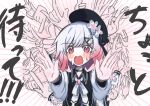  1girl afterimage beret black_choker black_coat black_hat choker coat collared_coat commentary_request emphasis_lines flower flower-trimmed_sleeves gradient_hair hair_flower hair_ornament hat hat_flower hat_ribbon highres long_sleeves looking_at_viewer mahou_shoujo_no_majo_saiban multicolored_hair neck_ribbon open_mouth outstretched_arms pink_eyes pink_hair ribbon sakuraba_ema shirt short_hair sleeveless sleeveless_coat solo straight-on translation_request upper_body urada_silue white_flower white_hair white_ribbon white_shirt white_sleeves x_hair_ornament 