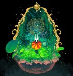  2girls arthropod_girl bench black_background black_eyes black_skin cage chapel_maid_(hollow_knight) cloak colored_skin commentary full_body grass highres holding holding_weapon hollow_eyes hollow_knight hollow_knight:_silksong horned_mask hornet_(hollow_knight) horns leaf looking_at_viewer mask moss multiple_girls plant red_cloak sparkle staff standing weapon white_mask yu_byul0605 