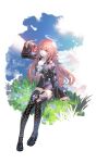  1girl angel_wings arknights black_boots black_jacket boots chinese_commentary closed_mouth commentary_request exusiai_(apple)_(arknights) exusiai_(arknights) halo highres jacket kumo_ryuun lace-up_boots lemuen_(arknights) light_smile pink_eyes pink_hair siblings sisters thigh_boots thighs white_background wings 