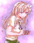  1girl black_necktie blonde_hair boku_wa_tomodachi_ga_sukunai butterfly_hair_ornament clenched_teeth collared_shirt commentary_request green_skirt grin hair_ornament handheld_game_console highres holding holding_handheld_game_console kashiwazaki_sena long_hair necktie official_artist_extra purple_eyes raised_eyebrow school_uniform shirt short_necktie short_sleeves skirt smile solo st._chronica_academy_school_uniform summer_uniform teeth upper_body watanabe_yoshihiro white_shirt 