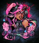  1girl black_hair candle dark-skinned_female dark_skin dav_(krooked_glasses) flower highres long_hair looking_at_viewer multicolored_hair original pink_eyes pink_hair ponytail rose snakebite_(piercing) solo two-tone_hair upper_body 