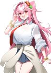  1girl absurdres black_skirt blush bracelet breasts clothes_around_waist collared_shirt commentary fate/grand_order fate_(series) flower grey_sweater hair_flower hair_intakes hair_ornament half_updo highres huge_breasts jewelry long_hair looking_at_viewer necktie nigori_(keydoor) open_mouth pink_hair red_eyes shirt simple_background skirt sleeves_rolled_up smile solo sweater sweater_around_waist verdandi_(fate) white_background white_shirt 