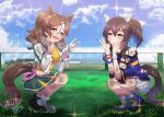  2girls absurdres animal_ears asymmetrical_footwear bead_bracelet beads belt blue_hair blue_shirt blue_sky blush bracelet breasts brown_hair cloud commentary_request crop_top cropped_jacket cutoffs daitaku_helios_(fun_fun_party_night)_(umamusume) daitaku_helios_(umamusume) dirty double_v ear_covers facial_tattoo fang fur-trimmed_jacket fur_trim green_skirt grin hair_ornament hairclip highres horse_ears horse_girl horse_tail jacket jewelry long_hair long_sleeves looking_at_viewer mashiroken07 medium_breasts mejiro_palmer_(line_breakthrough)_(umamusume) mejiro_palmer_(umamusume) midriff mismatched_footwear multicolored_hair multicolored_nails multiple_girls navel necklace open_mouth outdoors pink_belt ponytail shirt shoes shorts side_ponytail skirt sky smile squatting star_(symbol) star_hair_ornament streaked_hair tail tattoo teeth tied_shirt umamusume v white_hair white_jacket white_shorts yellow_belt yellow_eyes yellow_shirt 