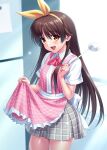  1boy :d adapted_costume alternate_hair_length_(longer) apron apron_hold blush bow bowtie brown_eyes brown_hair collared_shirt commentary commission crossdressing crossdressing_(mtf) dress_shirt english_commentary eyes_visible_through_hair frilled_apron frills furrowed_brow grey_skirt hair_between_eyes hair_ribbon hairband hands_up holding holding_ladle indoors jpeg_artifacts kitchen ladle little_busters! little_busters!_school_uniform long_hair looking_at_viewer male_focus miniskirt naoe_riki open_mouth pink_apron pink_bow pink_bowtie plaid_apron plaid_clothes plaid_skirt pleated_skirt ribbon school_uniform shirt short_sleeves skeb_commission skirt smile solo straight_hair tareme teeth trap upper_teeth_only very_long_hair white_shirt yellow_hairband yellow_ribbon zen_(kamuro) 
