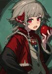  1girl :o apple black_coat braid cloak coat commentary_request fang food fruit green_background grey_hair highres holding holding_food holding_fruit jacket long_hair looking_at_viewer maimoku multiple_braids quad_braids red_cloak red_eyes red_scarf reverse:1999 rubuska scarf shadow solo upper_body white_jacket 