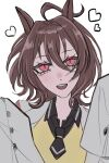  1girl agnes_tachyon_(tach-nology)_(umamusume) agnes_tachyon_(umamusume) ahoge black_necktie black_shirt brown_eyes brown_hair coat collared_shirt commentary_request hair_between_eyes hair_intakes heart highres lab_coat long_sleeves looking_at_viewer medium_hair necktie odag_18 open_mouth shirt short_necktie simple_background skirt sleeves_past_fingers sleeves_past_wrists smile solo teeth umamusume upper_teeth_only white_background white_coat wolf_cut yellow_skirt 